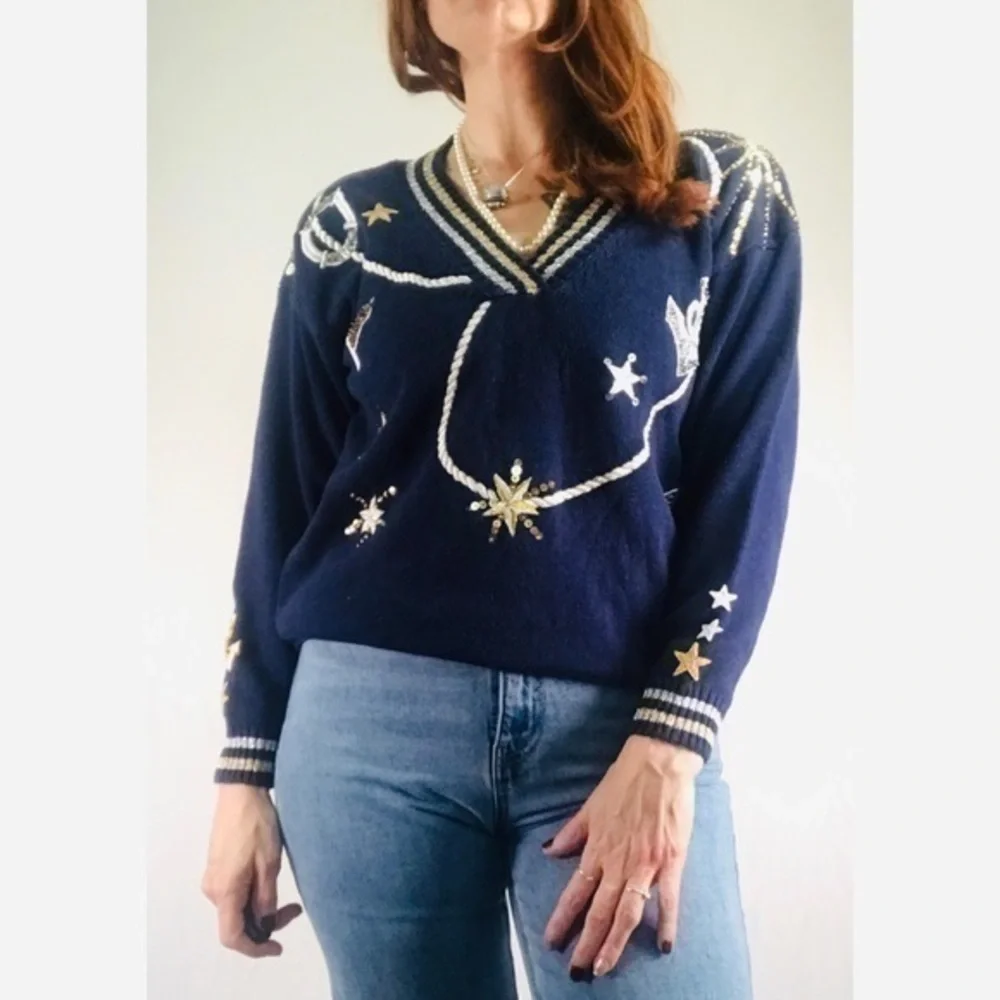 80’s Vintage ‘Joyce’ Nautical Theme Embellished V-Neck Sweater